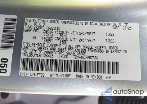 2025 Toyota Tacoma Sr5 4Wd из США, поврежденный, VIN 3TMLB5JN1SM126415